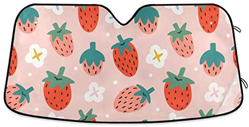 Qilmy Front Windshield Sun Shade Cute Hand Drawn Summer Berries Strawberries Folding Sun Shield Shade, Blocks UV Ray to Keep Your Vehicle CoolSun Visor Protector for Fits Car Truck SUV 55x27.6