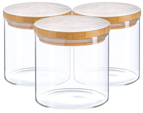 Argon Tableware Scandi Storage Jars with Wooden Lids - 550ml - 3 Pack - Modern Round Organisation Container Glass Jar for Kitchens, Pantry, Bathrooms, Utility Rooms