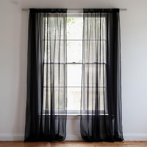 Trimming Shop Black Voile Curtains, 2 Panel Net Curtain, 142 x 206cm