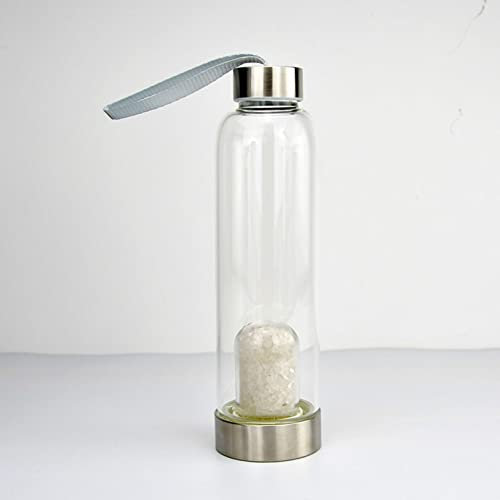 BiiKoon Crystal Water Bottle Magic Healing Energy Removable Gravel Quartz Water Bottle Natural Gemstone Glass Bottle Portable Leak Proof Reusable (Color : White Crystal, Size : 550ml)