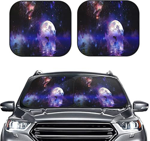Auto Sonnenschutz Sonnenschutz Auto Frontscheibe Schwarze Faltbar Motiv Nachthimmel Meer Mond Auto Scheibenabdeckung Sommer Auto Zubehör Sonnenschutz 2-teilig 74x60cm mit Aufbewahrungstasche