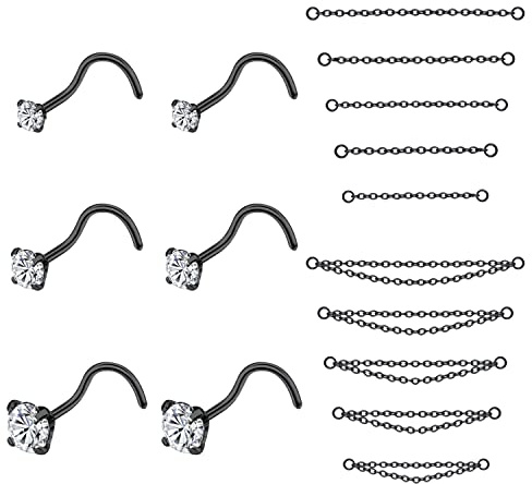 PunkTracker 20G Nasenring 2mm 2.5mm 3mm CZ Nasenstecker mit Kette Chirurgenstahl Nasenpiercings Nasenpiercing Schmuck Nasenringe für Damen Herren