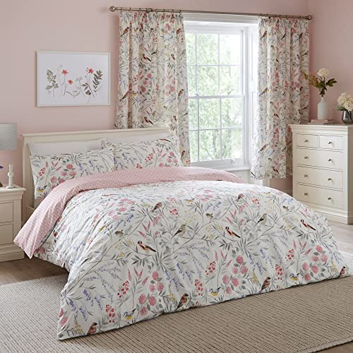 Dreams & Drapes - Housse de Couette à Fleurs et Oiseaux Roses - 140 x 200 cm - 1 taie d'oreiller - Motifs réversibles - Parure de lit Florale Vintage Rose - Housse de Couette à Fleurs de Jardin