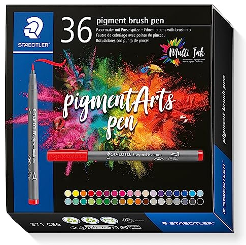 STAEDTLER brush pen pigment Arts, Premium-Zeichentusche, Pinselspitze für variable Linienbreite, wasserfest, schnelltrocknend, 36 brush pens in sortierten Farben im Kartonetui, 371 C36