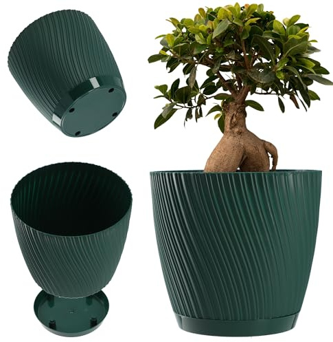KADAX Pot de fleurs rond en plastique avec soucoupe pour plantes d'intérieur - Pot intemporel avec surface décorative pour l'intérieur et l'extérieur (16 cm, vert foncé)