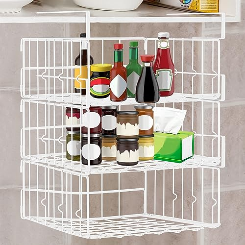 Qivine 3 Stück Hängekorb Regal, Hängender Unterregal Aufbewahrungskörbe aus Metall, Küche Schrankkörbe zum Einhängen für Kleiderschrank, Speisekammer, Büro