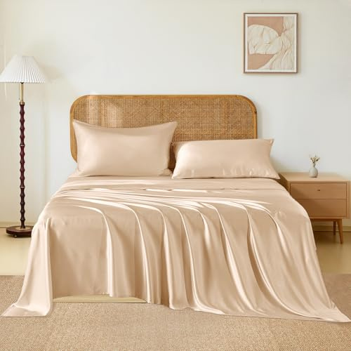 THXSILK Luxury Mulberry Silk Bed Sheets Set - 4pcs Silk Sheets Set 16 Deep Pocket - 1 Fitted Sheet, 1 Flat Sheet, 2 Pillowcases with Zipper Closure - King, Champagne