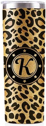 Onebttl Personalised Gifts for Women - Leopard Print Cup with Initial - Unique Gifts for Women - Gift Ideas for Birthday, Christmas - 591ml Vacuum Tumbler with Lid and Straw - Glitter - K