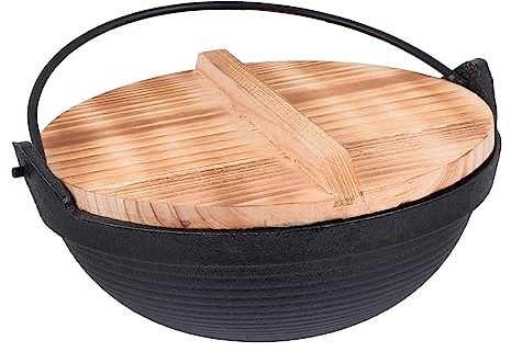 BESTonZON 1 Juego Maceta Olla De Sopa Individual Olla Sopera De Hierro Olla De Hierro Nabe Asadera Pequeña Con Tapa Colgando Utensilios De Cocina Hierro Fundido Viajar Madera Suki Shabu