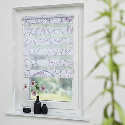 Klemmfix- Duorollo/Doppelrollo mit Druckmotiv Swirly mit verstellbaren Klemmträgern, Montage ohne Bohren, Breite: 70 cm/Höhe: 210 cm, Farbe: grau-Fuchsia