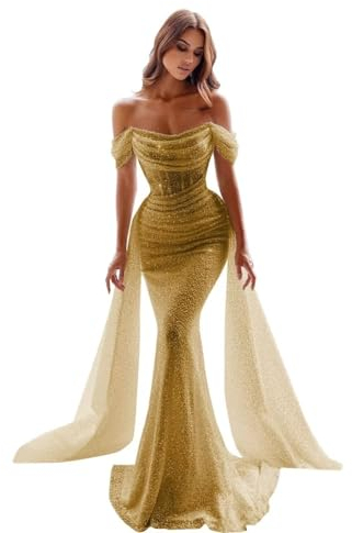 Glitzernde Meerjungfrau Ballkleider FüR Frauen Pailletten Schulterfrei Abnehmbare Schleppe Formelle Abendkleider Langes Nachlaufendes Ballkleid Green XS
