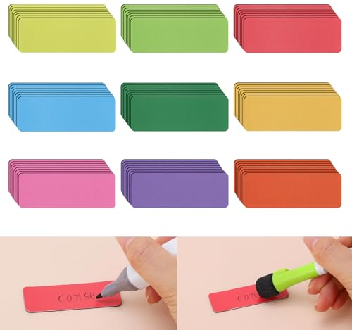 72 Stück Magnetstreifen Beschreibbar, 60x20mm Magnetschilder zum Beschriften Magnete Whiteboard Magnetische Etiketten Wiederverwendbar für Whiteboard Kühlschrank Metallschrank (9 Farben)