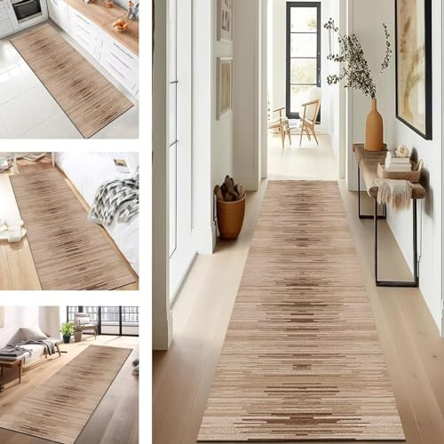 Läufer Flur Küche Waschbar rutschfest 50X280CM Teppichläufer Lang Küchenteppich Flurteppich Braun Küchenläufer Teppichmatten Korridor Wohnzimmer Schlafzimmer Meterware Schmutzfangmatte Fußmatte
