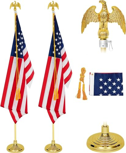 Flaggenmast für den Innenbereich, Teleskop-Fahnenmast mit Sockel, 90 x 152 cm, amerikanische Flagge, Adler-Topper, Kordelquaste – Glod Fahnenmast und Ständer, für Büro, Schule, Rathaus (2 Stück)