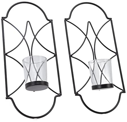 RvSky 2 Elegante Wandkerzenhalter aus Eisen Und Glas Für Eine Stilvolle Inneneinrichtung Im Wohnzimmer Oder Schlafzimmer, Perfektes Wandleuchter-Zubehör(Schwarz)