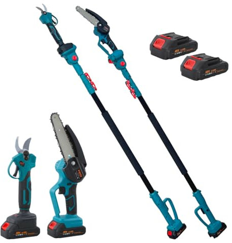 Mediawave Store - Kit 3 in 1 Set Forbici per Potatura Elettrica Batteria 48V, Motosega Elettrica da 6 Pollici da 400w, Cesoie Elettriche con Asta Telescopica 125-190cm