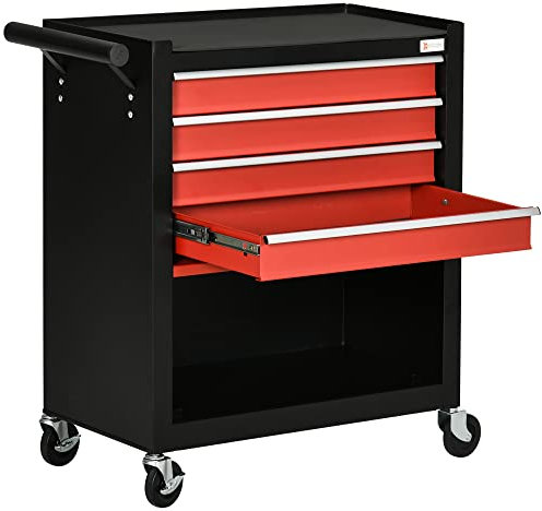 DURHAND Carro de Herramientas con Ruedas Taller Móvil con 1 Armario de Almacenamiento 1 Asa Lateral y 4 Cajones Carga 130 kg para Talleres Hogar 69x33x75 cm Negro y Rojo