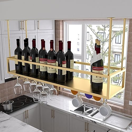 Generico Portabottiglie sospeso, portabicchieri da soffitto, portabottiglie sospeso con portabicchieri, Ripiani da Bar di Grande capacità, ripiano Regolabile per Bottiglie di liquore, ripiano da soff