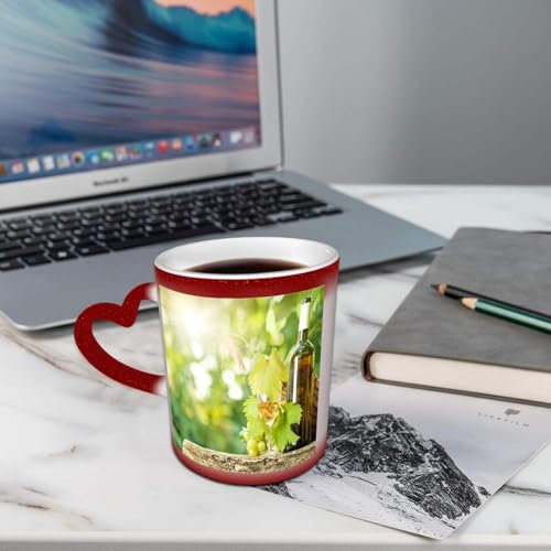 AELKSP Tasses Magique Mugs Change De Couleur en Fonction De La Température du Liquide,Mug Cadeau Original Tasse pour 330ml,Vin, bouteille de vin blanc en verre Jeune vigne et grappe de raisin au print