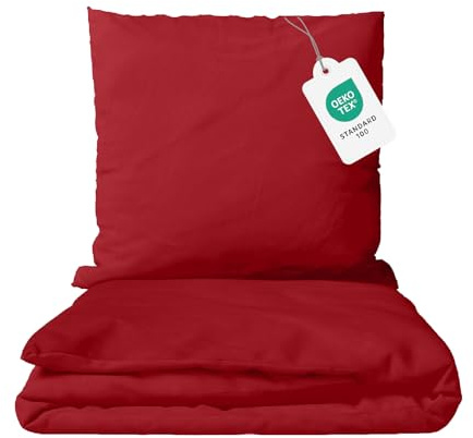 Class Home Collection Bettwäsche 155x220 Baumwolle – 2-teiliges Bettwäsche-Set mit Reißverschluss, Bettbezug + Kissenbezug 80x80 cm, Ganzjahres-Bettwäsche, Uni Rot