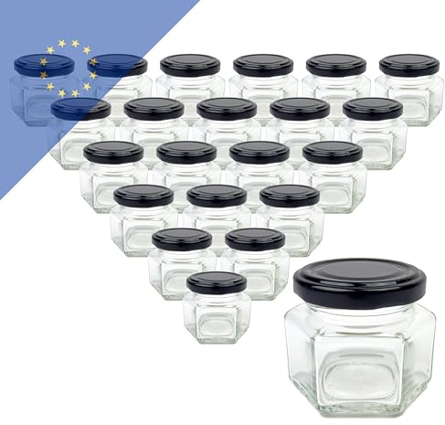 Verpackungsstadl 25 Stk. Sechskantglas 106 ml mit TO53 Deckel schwarz – Glas für Marmelade, Honig, Dips & DIY-Projekte, luftdicht & wiederverwendbar
