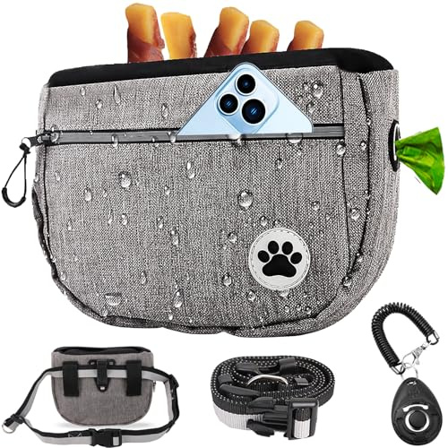 Large 6 Cup Dog Treat Pouch with Clicker,Treat Pouches for Pet Training,Crossover Self-Closing Bag,Built-in Poop Bag Dispenser, 46“ Free hands Waist Belt for Walks/oxford Fabric/double pocket(Grey)