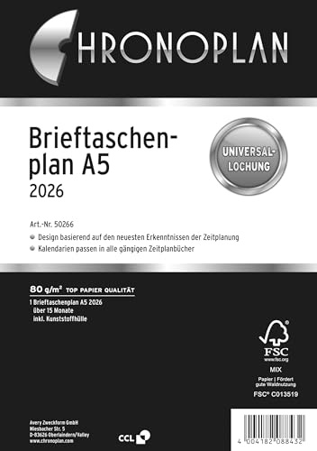 Chronoplan 50266 - Inserto per calendario 2026 (formato A5 (156 x 210 mm), calendario di ricambio per agenda, agenda mensile per 15 mesi, 1 mese su 1 pagina apribile, con foro universale) bianco