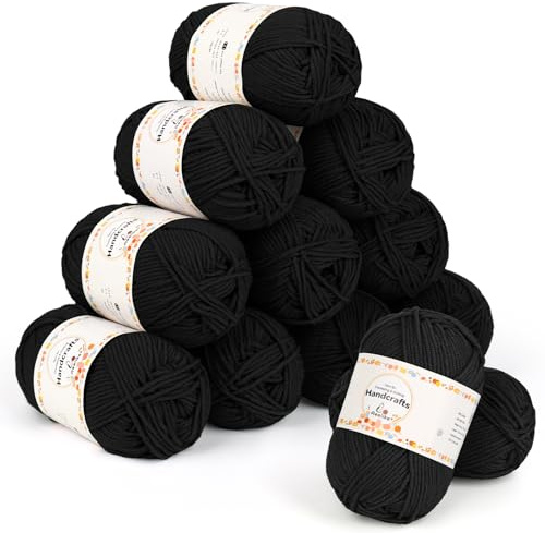 Aeelike Virkgarn Set 600 g, 12-pack Dubbelstickgarn, Akrylull 50 g, Mjukt 5-trådigt Mjölkbomullsgarn, Stickull för Börjare, Amigurumi, Barnfilt, Strumpor, Sjal och Hantverk (Svart)