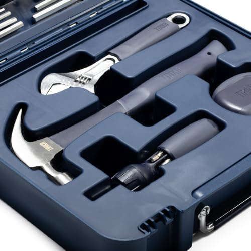 TINKR Full Kit – Modern Tool Box Workstation with Phone Holder – 12 oz Hammer, Ratchet Screwdriver, 14pc Allen Key Set, 8 Adjustable Wrench, Knife, 18FT Tape Measure, Level & Pliers (Blue)