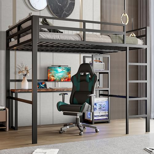 Wyibwy Letto a soppalco 140x200cm con presa di corrente con USB Type-C e scrivania,metallo letto a castello matrimoniale con ripiani multipli e scaletta,ringhiere,per bambini,senza materasso,nero
