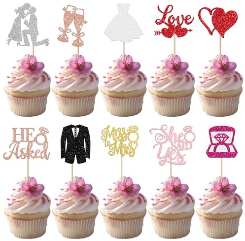 30 Stück Miss to Mrs Tortendeko Glitzer He Ask She Said Yes Cupcake Toppers Diamant Ring Kuchen Deko für Verlobung Hochzeiten Thema Party Kuchen Dekorationen Buntes