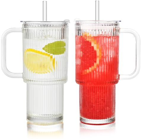 VITEVER Lot de 2 gobelets en verre nervuré avec poignée, couvercle et pailles, 750 ml, verre épais, idéal pour le café glacé, le matcha, le latte, les jus et autres boissons