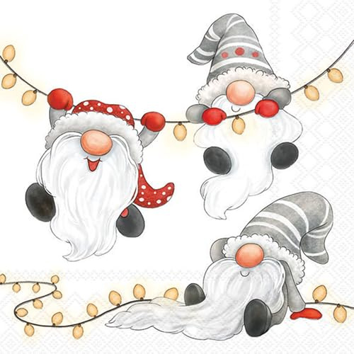20 Servietten Weihnachten Gnome und Lichterketten weiß als Tischdeko. Papierservietten mit Motiv. Auch für Decoupage und Serviettentechnik 33x33cm