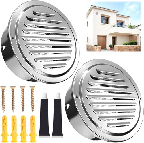 2 Pezzi Griglia Aerazione Tonda Acciaio Inox 150 mm | Griglia Di Ventilazione Rotonda con Funzione Antipioggia, Dotate di Rete Anti-Insetti con Fissaggio A Vite, per Caminetti