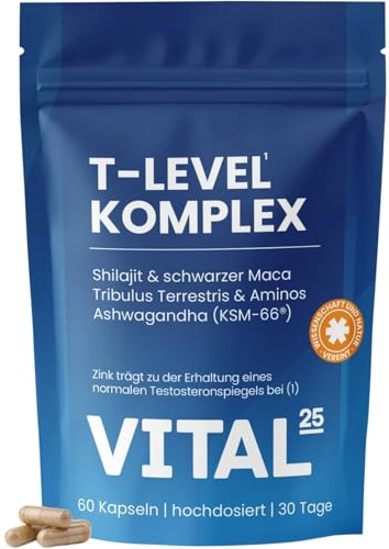 Vital25® T-Level Kapseln mit Shilajit, Ashwagandha KSM-66®, Maca schwarz, Bockshornklee, Tribulus, Cordyceps, Bor, Aminos - hochdosiert & vegan - 60 Kapseln für 30 Tage_1