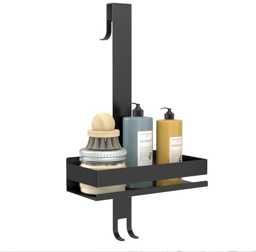 DIYGEEK Duschablage zum Hängen Ohne Bohrer, Schwarz Edelstahl | Duschregal für Rahmenlos Glastür Duschwand, Shampoo Halterung für Dusche