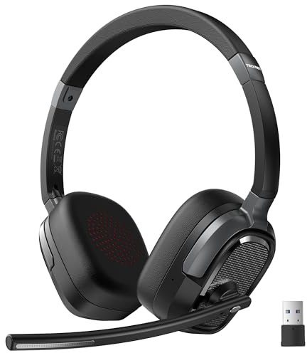 TECKNET 6.0 Bluetooth Headset, Wireless Headset with Microphone for Work, USB Headset with Microphone, 50H Playtime & Mute, On-Ear Headphones for Office/Call Center/Truck/Home