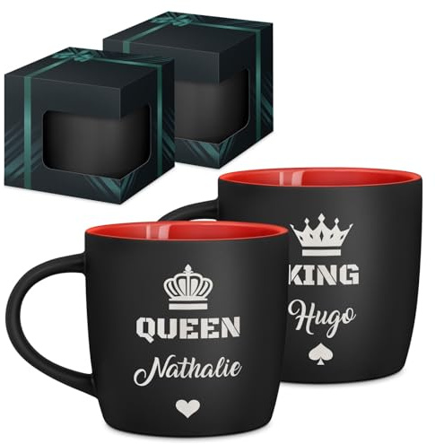 Maverton 2x Tasse Personnalisable, Set 2x Mug personnalisé | Cadeau Personnalisé Anniversaire Mariage, Couple Couple Saint Valentin, Tasse a cafe rouge avec prénom, roi et reine