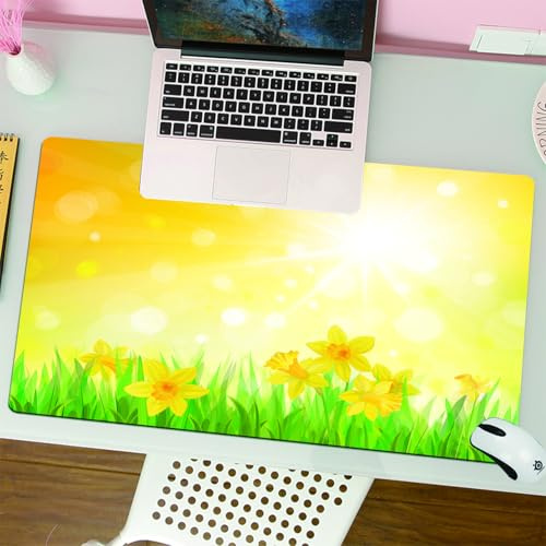 QRFASFZO Großer Mauspad - 80x30cm Gaming-Mauspad mit genähten Kanten, Nicht rutschender Unterlage,Narzissen blühen im üppigen grünen Gras, beleuchtet vom glitzernden Sonnen,Schreibtischmatte und Maus