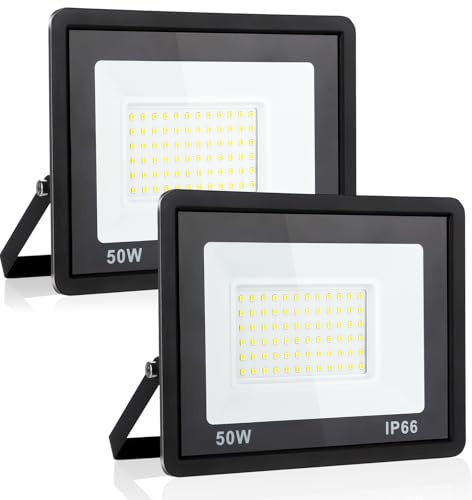 Rravdst 50W LED Floodlight Outdoor, 5400LM Super Bright LED Security Lights, IP66 Waterproof, 6000K Daylight White Flood Lights Wall Light for Warehouse, Garage, Backyard, 2 Pack