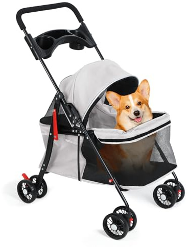 Hundewagen 2 in 1, Hundebuggy Bis 20kg, 4 Paar 360°Doppelräder, Hund-Katzen-Käfig-Kinderwagen mit Getränkehalter, Hundewagen Klappbar für Kleine/Mittlere Hunde und Katzen (Grau)