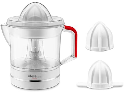 Ufesa Zest Exprimidor Eléctrico de 25W, 0.7L de Capacidad, Cuerpo de Acero Inoxidable, 2 Conos, Giro Bidireccional, Encendido Automático, Piezas Desmontables y Libre de BPA