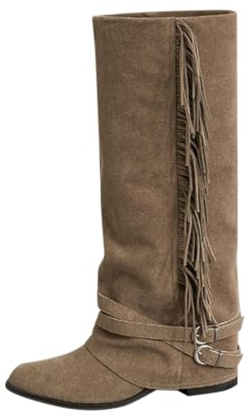 Stövlar dam med klack vikt över, cowboy stövlar dam med fransar västerländska stövlar slouchy vida stövlar mode stövlar bekväma slip-stövlar breda fötter damstövlar casual vinterstövlar, kaki, 39 EU