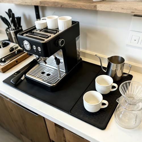 Vyranut 2-i-1 silikonkaffemattor set med kaffemaskinsborste, 60 x 40 cm sprickmatta 40 x 19 cm torrmatta, upphöjda kanter, halkfri och värmebeständig, skydd för bänkskivan, svart