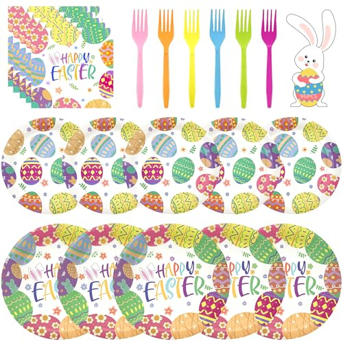 96Pcs Happy Easter Plates and Napkins Forks Sets, Easter Plates and Napkins