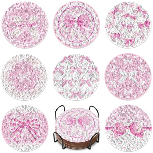 8PCS Pink Bowknot Diamond Art Coasters Set DIY Diamond Coasters Kit Office Home Kitchen Bows Cup Diamonds Painting Coaster