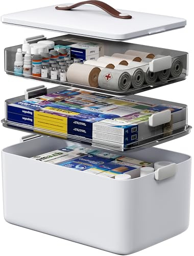 LEGUO Medicine Storage Box, 2-Tier Medicine Organiser with Carry Handle, Large First Aid Storage Container with Clear Trays, White Medicine Storage Case