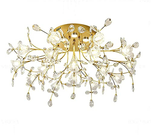 LED Chandeliers, Luxury Crystal Flowers Flush Mount Golden Metal Ceiling Lamp G4 Light Source Chandelier for Kitchen Island Living Room Dining Room,Hanging Light(83x33cm)