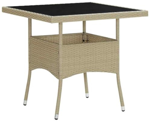XHNIFBN Gartentisch Beige 80x80x75 cm aus UV-beständigem Poly-Rattan mit gehärteter Glasplatte Modernes Design Robust & Langlebig für Balkon Terrasse und Lounge im Freien
