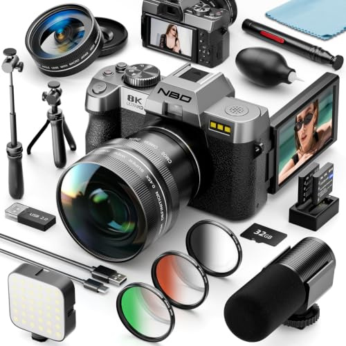 NBD 8K Digital Camera 64MP with Autofocus & 16X Zoom, 180° Flip Screen, WiFi, Vlogging Camera Kit with Microphone, Fill Light, Wide-Angle Lens & Tripod, 32GB Card (Silver)